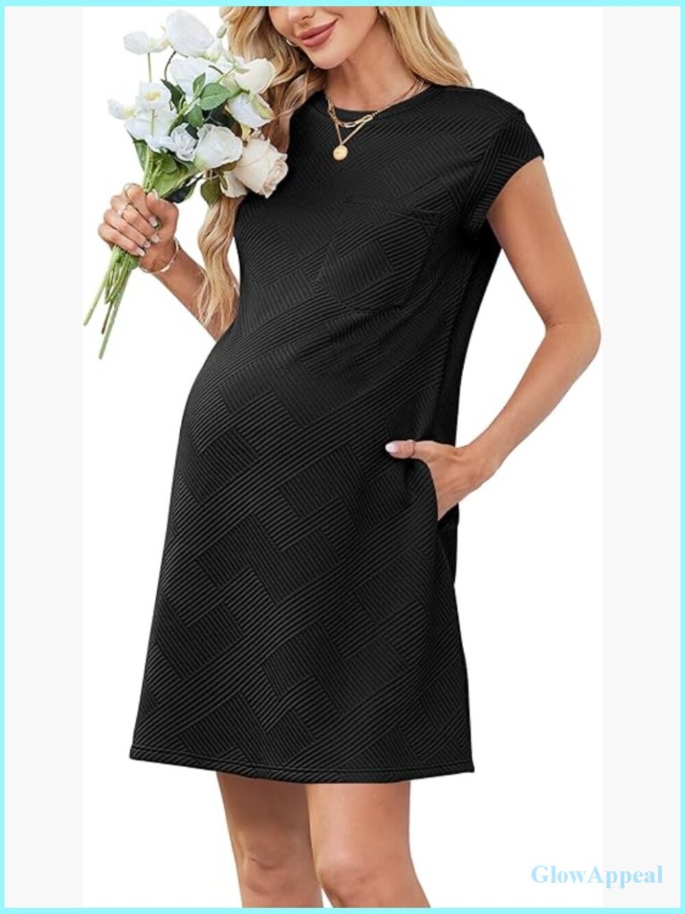 Maternity Mini Dress with Pockets, Cap Sleeve, Loose Fit, Polyester Spandex